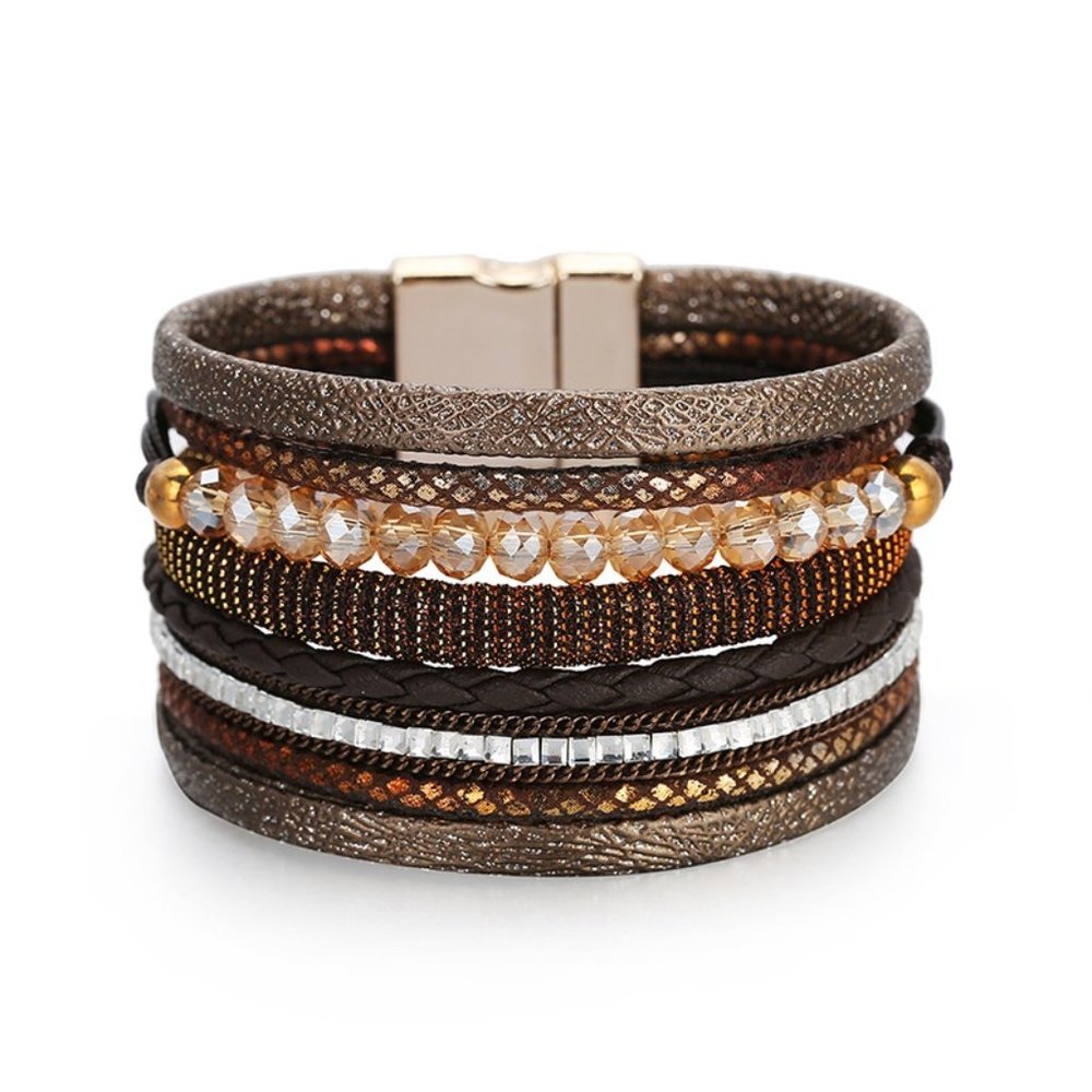 Brand New Coffee Bohemian Style Bead and Leather Bangle Bracelet